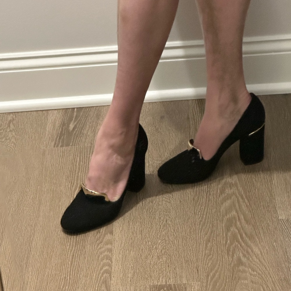 Bruno Magli Black Suede Heels with Gold Hardware